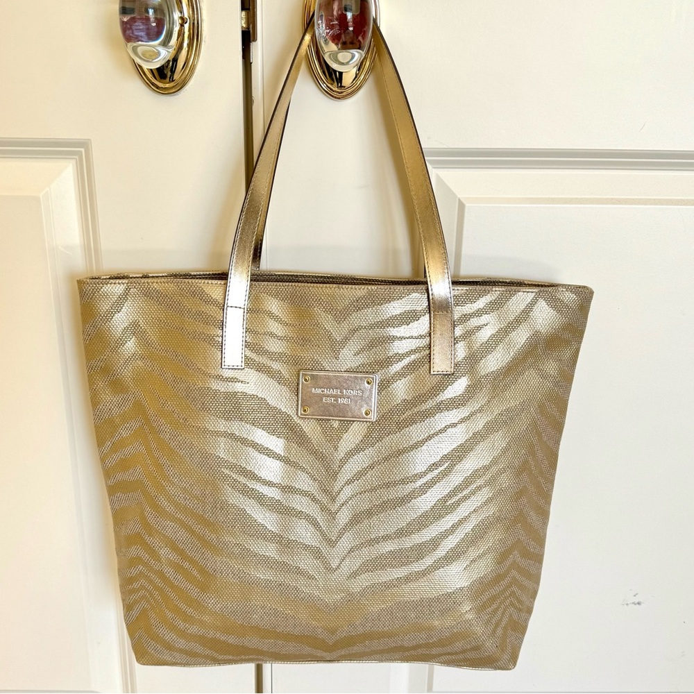Canvas Michael Kors Gold Tan Metallic Tiger Zebra Animal Print Shoulder Tote Bag - Picture 3 of 6